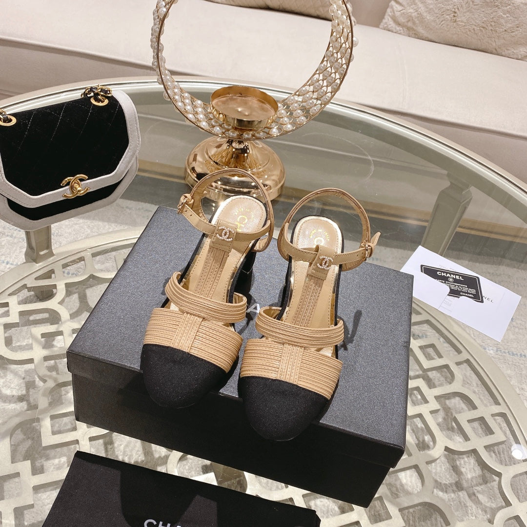 Double C  Heeled Sandals Tan Cream Lambskin