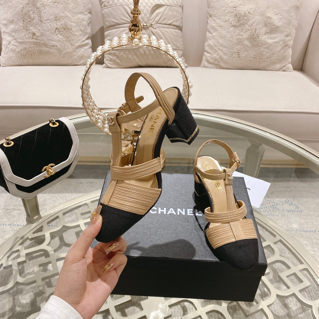 Double C  Heeled Sandals Tan Cream Lambskin