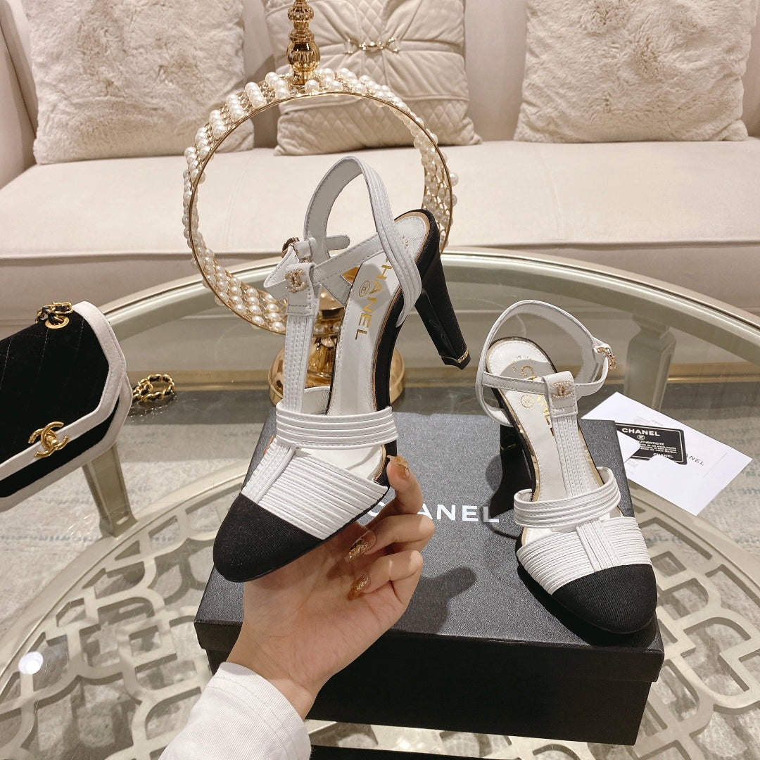 Double C  Heeled Sandals White Black Lambskin