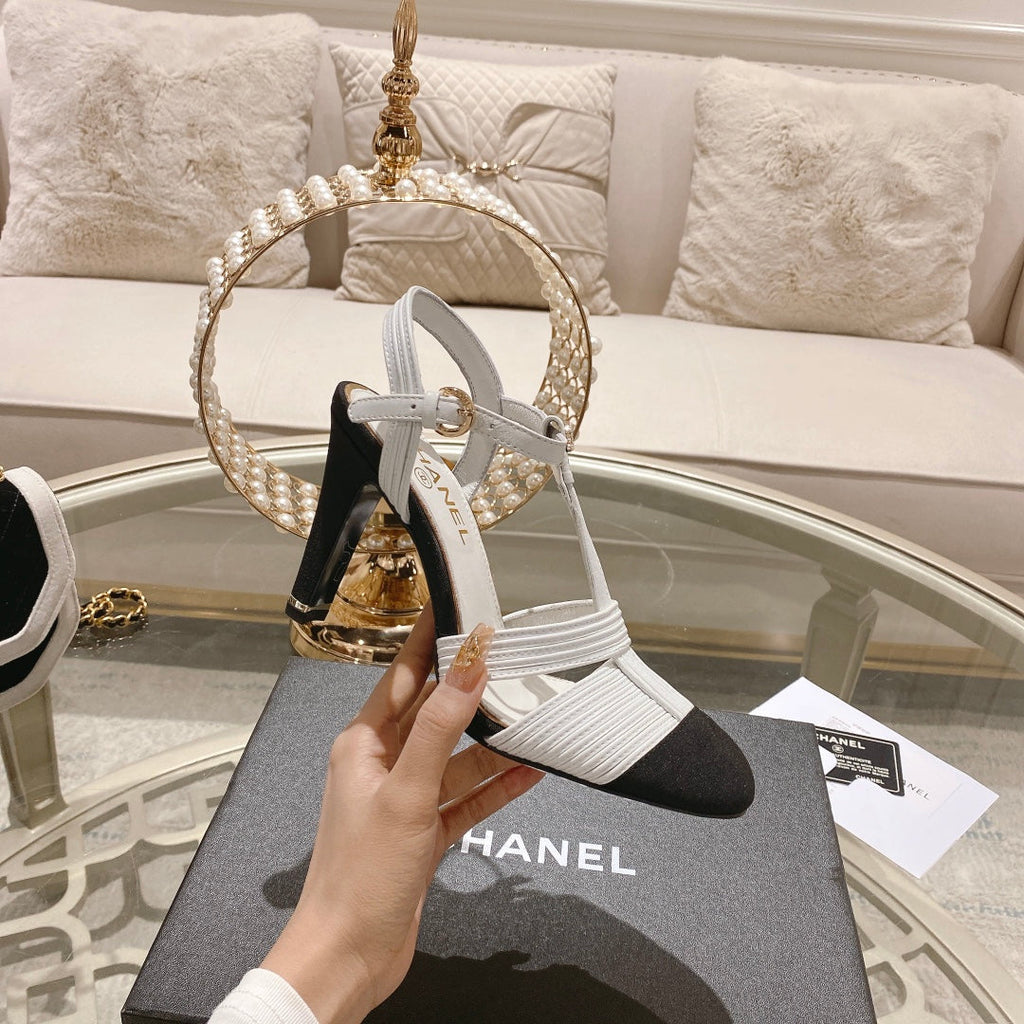 Double C  Heeled Sandals White Black Lambskin