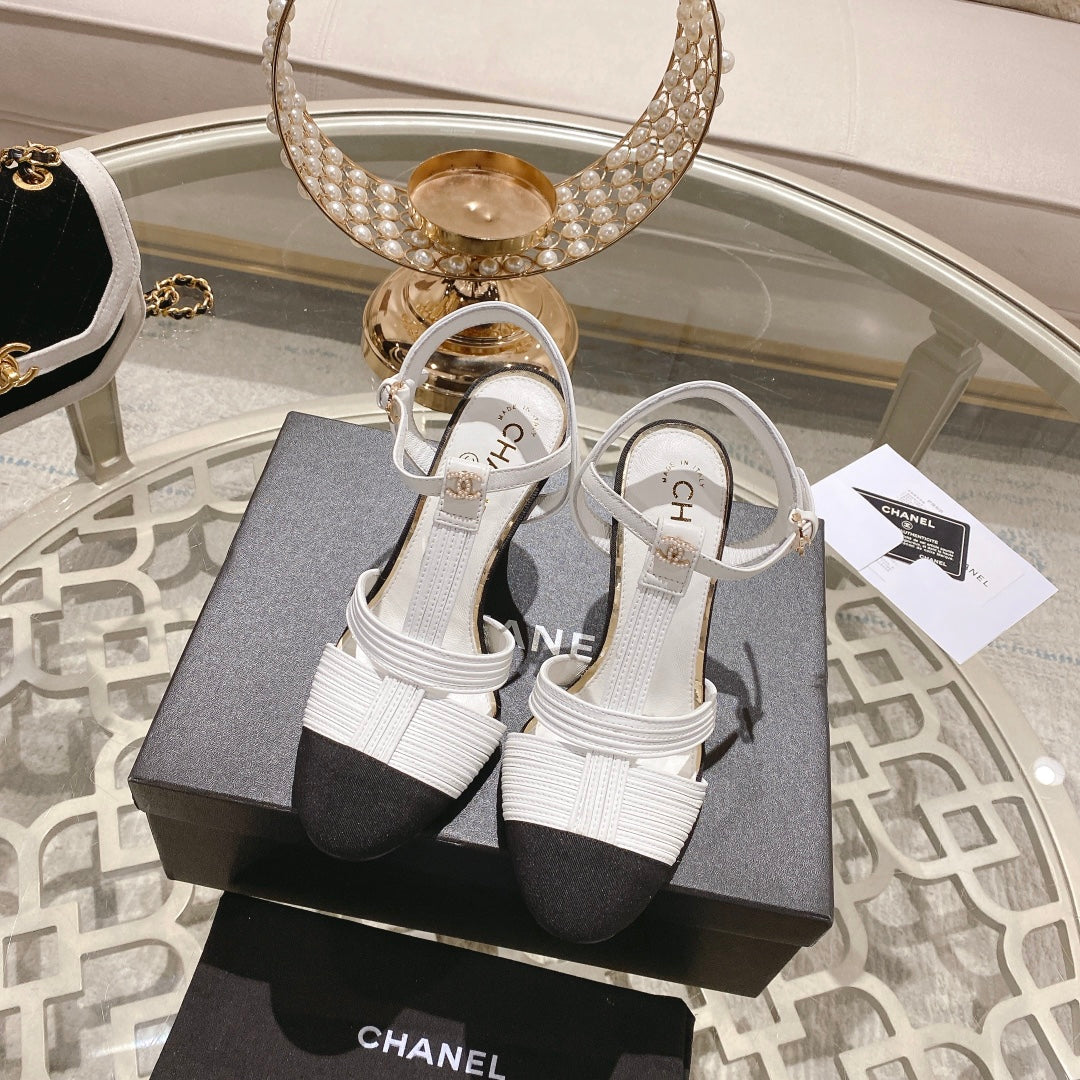 Double C  Heeled Sandals White Black Lambskin