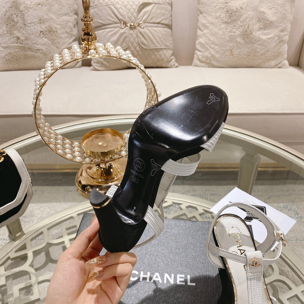 Double C  Heeled Sandals White Black Lambskin