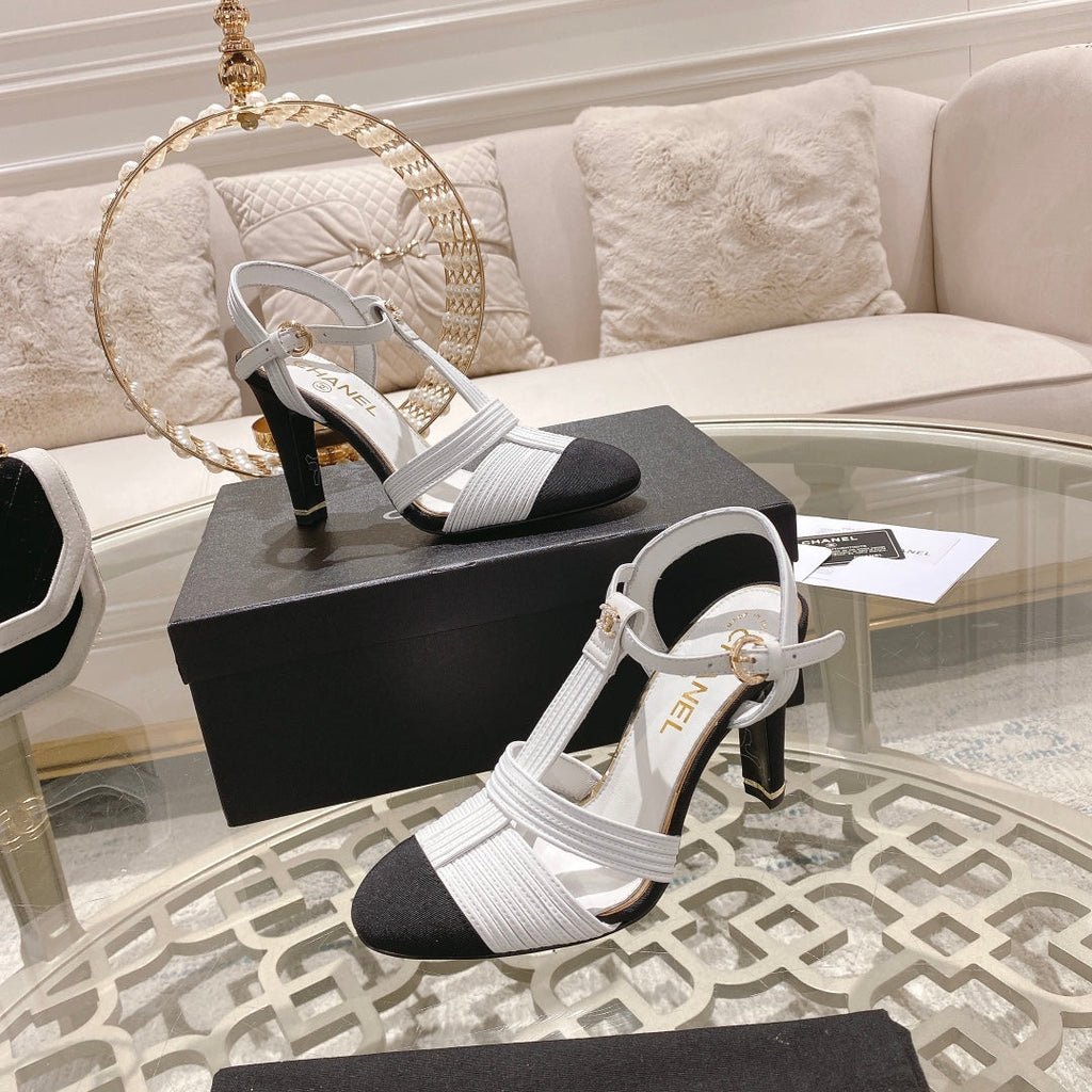 Double C  Heeled Sandals White Black Lambskin