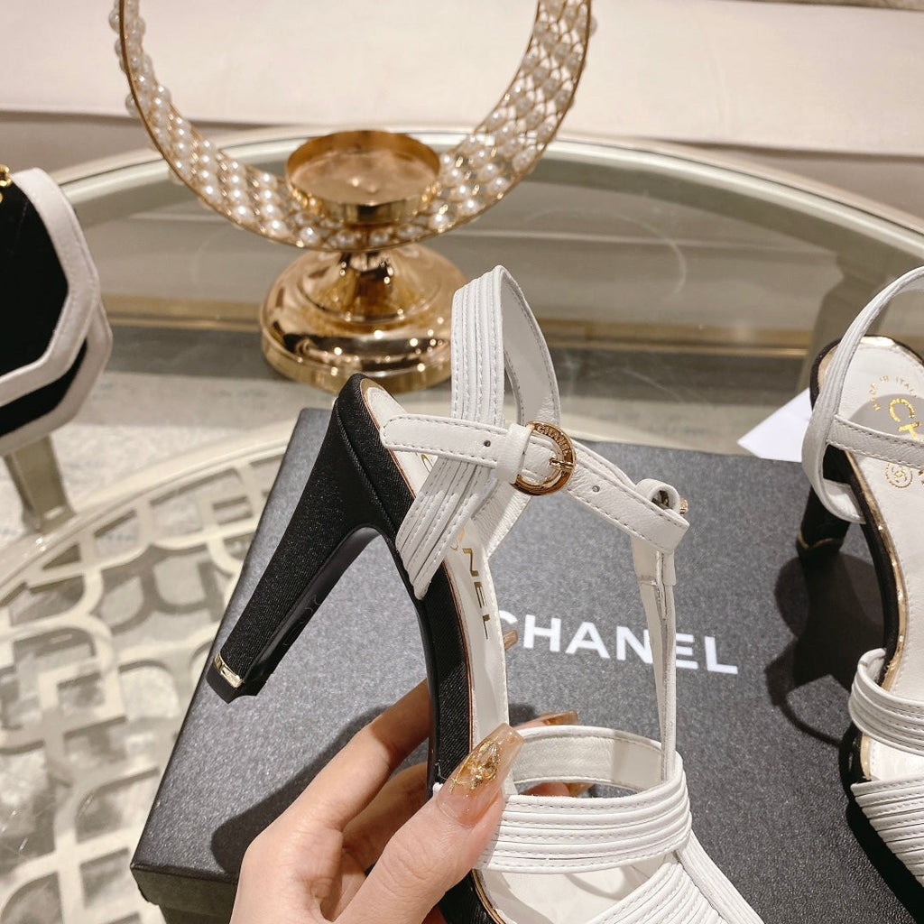 Double C  Heeled Sandals White Black Lambskin