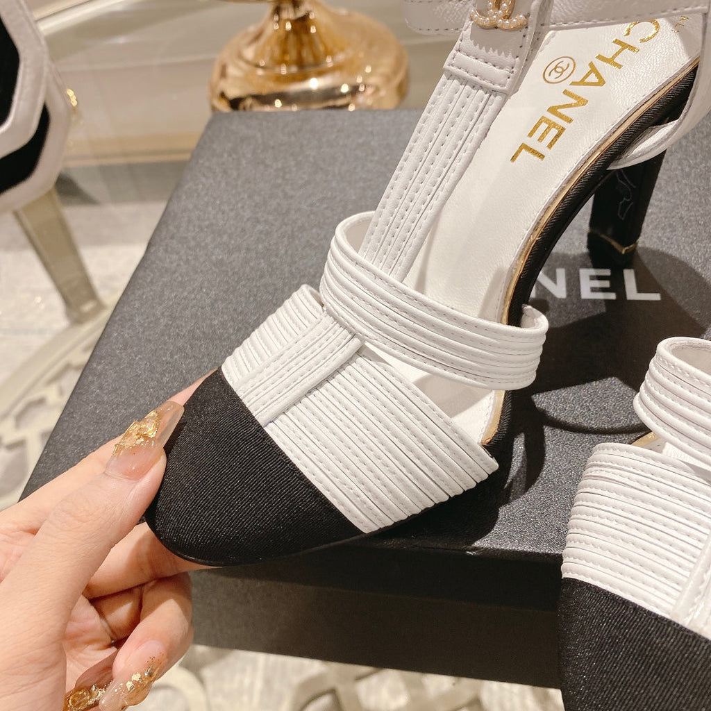 Double C  Heeled Sandals White Black Lambskin
