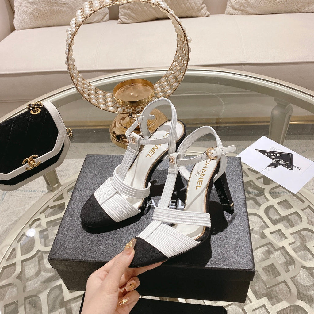 Double C  Heeled Sandals White Black Lambskin