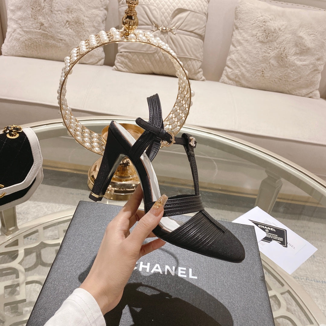 Double C  Heeled Sandals Black Lambskin