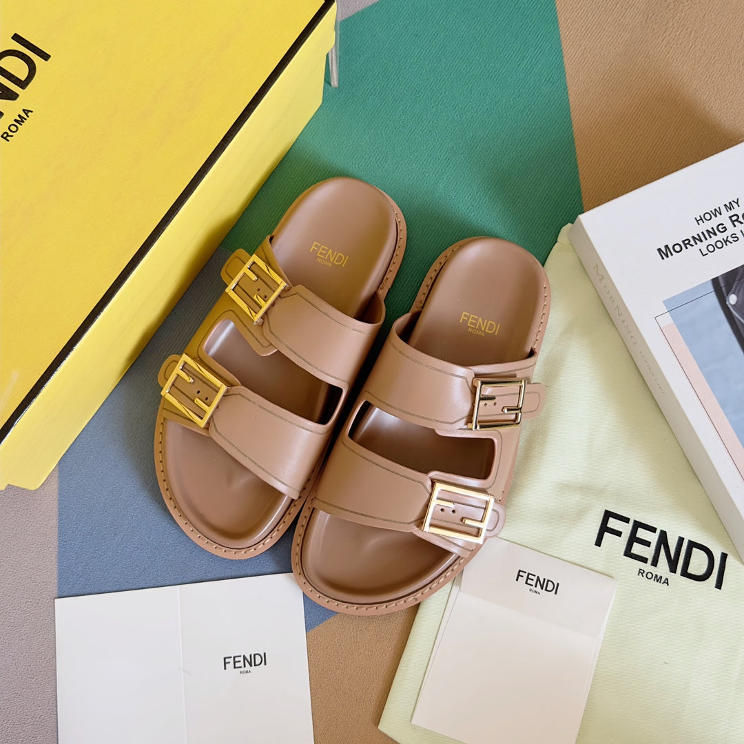 FENDI BAGUETTE DAD SANDALS IN BUFF BROWN CALFSKIN
