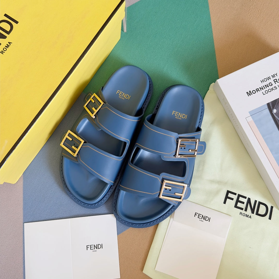 FENDI BAGUETTE DAD SANDALS IN CERULEAN BLUE CALFSKIN