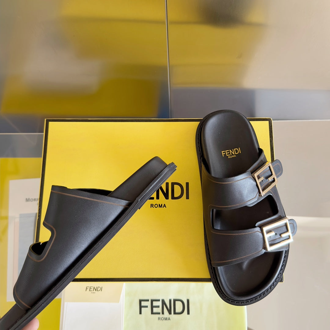 FENDI BAGUETTE DAD SANDALS IN BLACK CALFSKIN WITH GOLD HARDWARE
