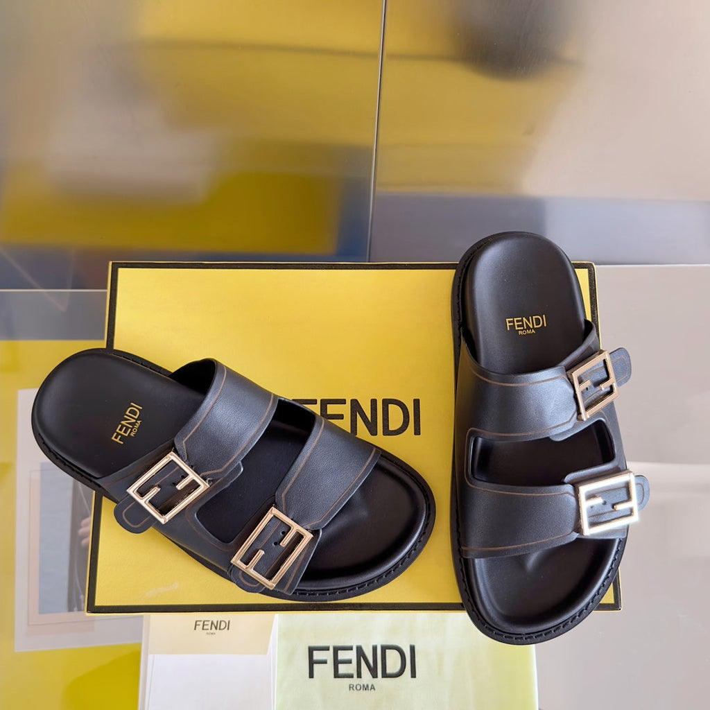 FENDI BAGUETTE DAD SANDALS IN BLACK CALFSKIN WITH GOLD HARDWARE