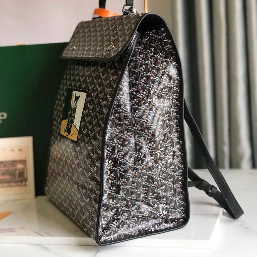 SAINT LÉGER BACKPACK 35 IN BROWN MIX BALCK GOYARDINE CANVAS AND CALFSKIN WITH CARTOON PATCH