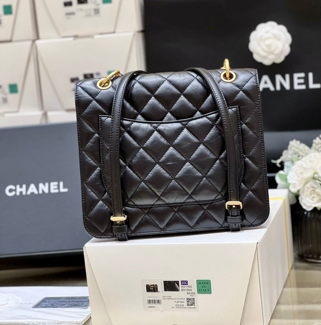 25S CHANEL MEDIUM FLAP BAG 25 IN BLACK CALFSKIN GOLD HARDWARE