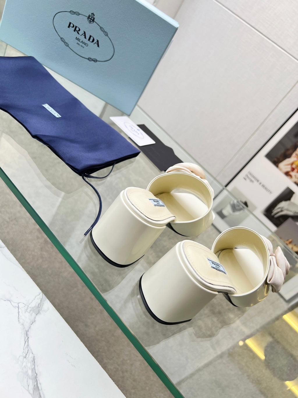 PRA FLOWER BLOCK HEELS 75 IVORY CALFSKIN