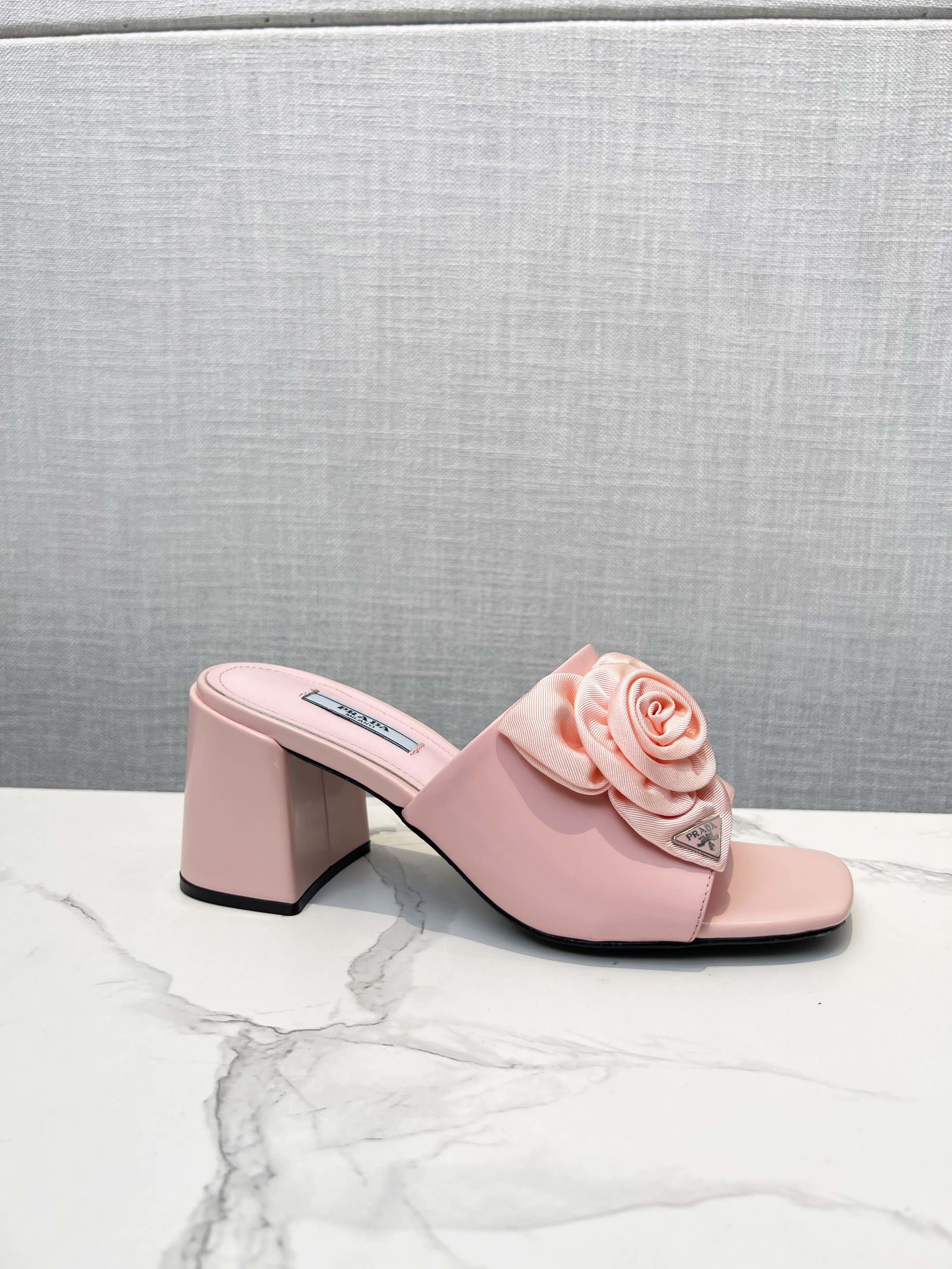 PRA FLOWER BLOCK HEELS 75 LIGHT PINK CALFSKIN