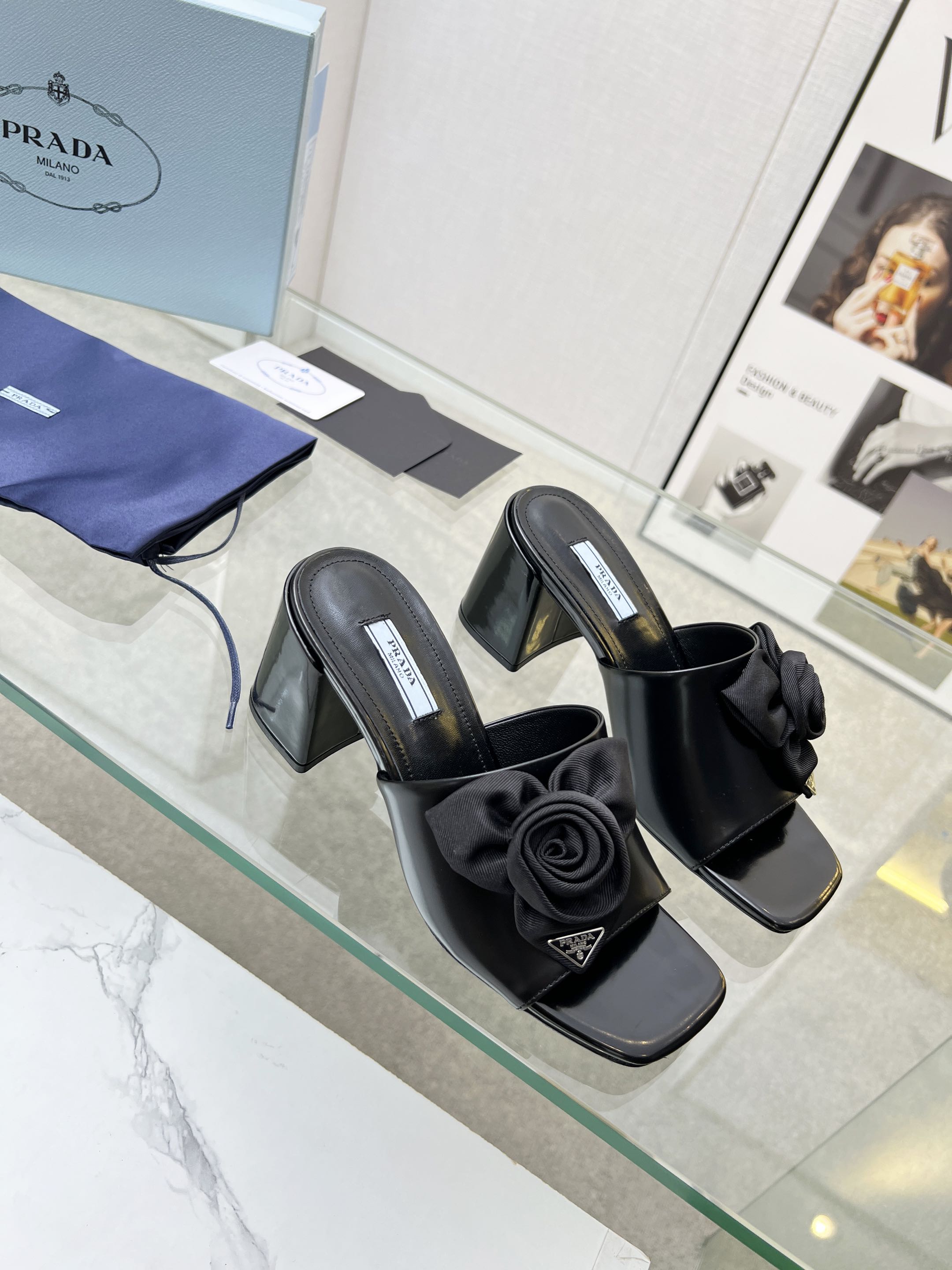 PRA FLOWER BLOCK HEELS 75 BLACK CALFSKIN