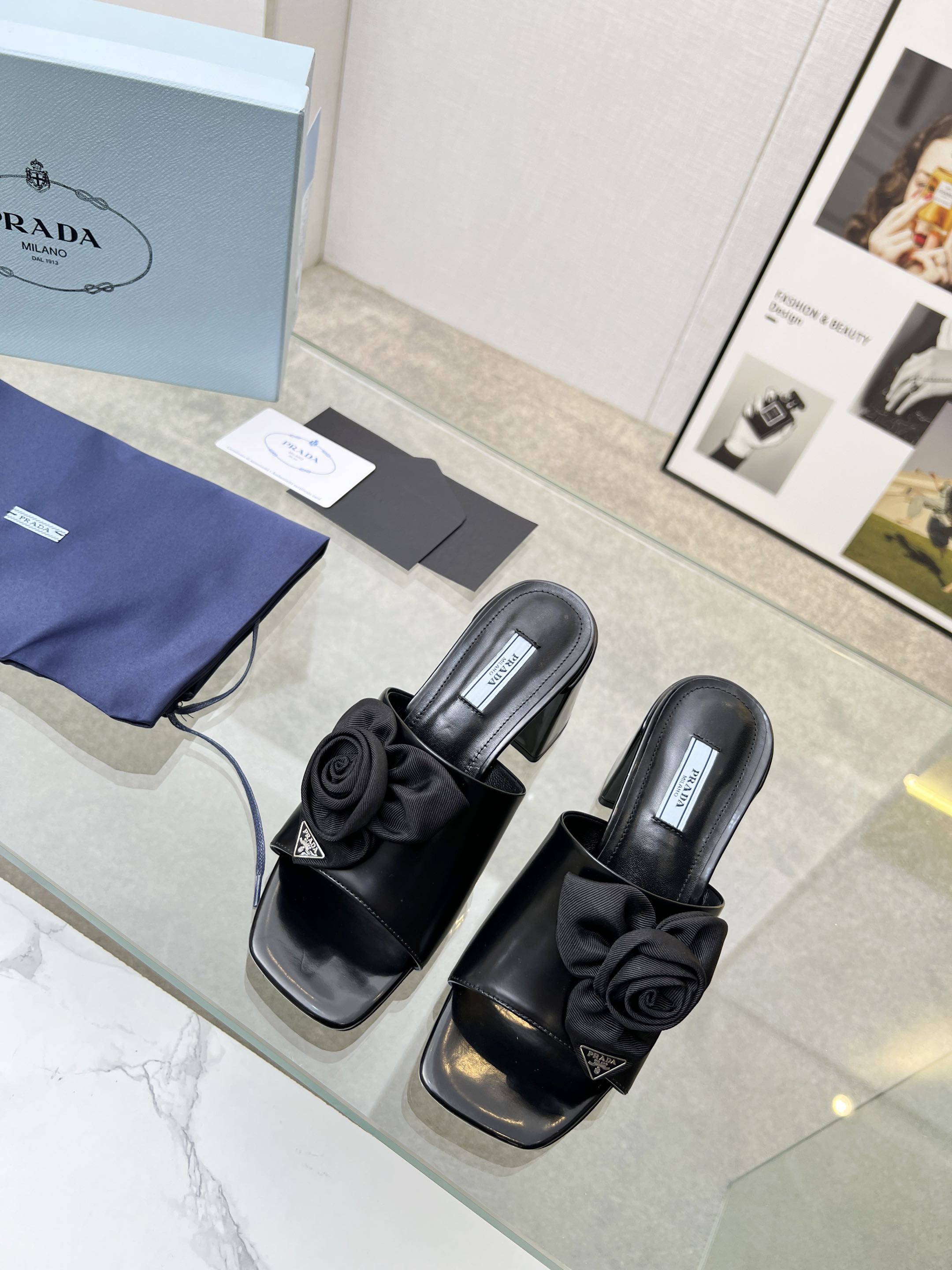 PRA FLOWER BLOCK HEELS 75 BLACK CALFSKIN