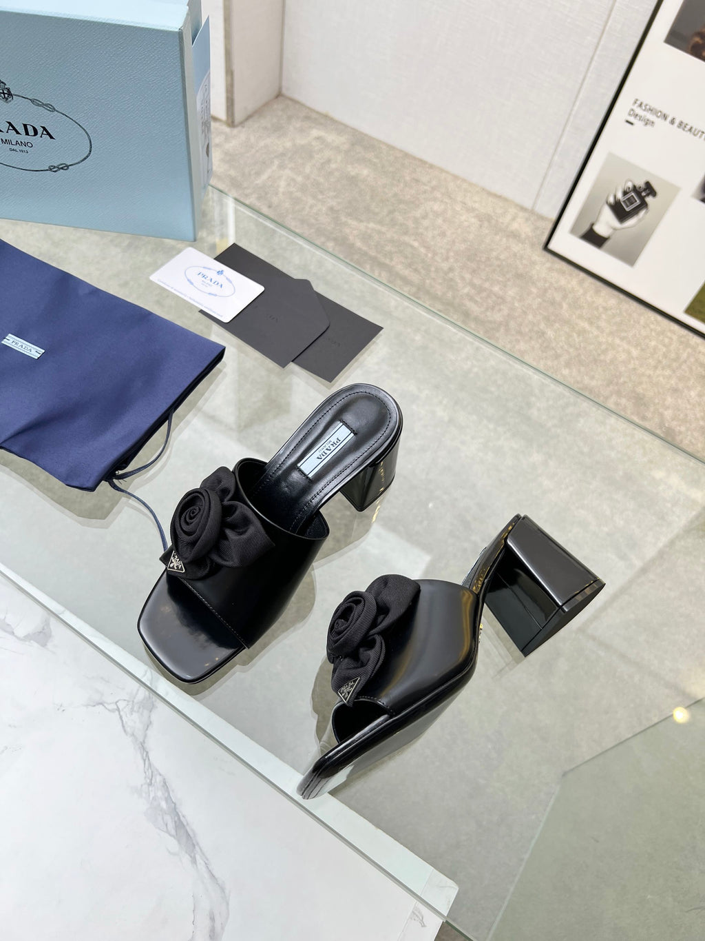 PRA FLOWER BLOCK HEELS 75 BLACK CALFSKIN