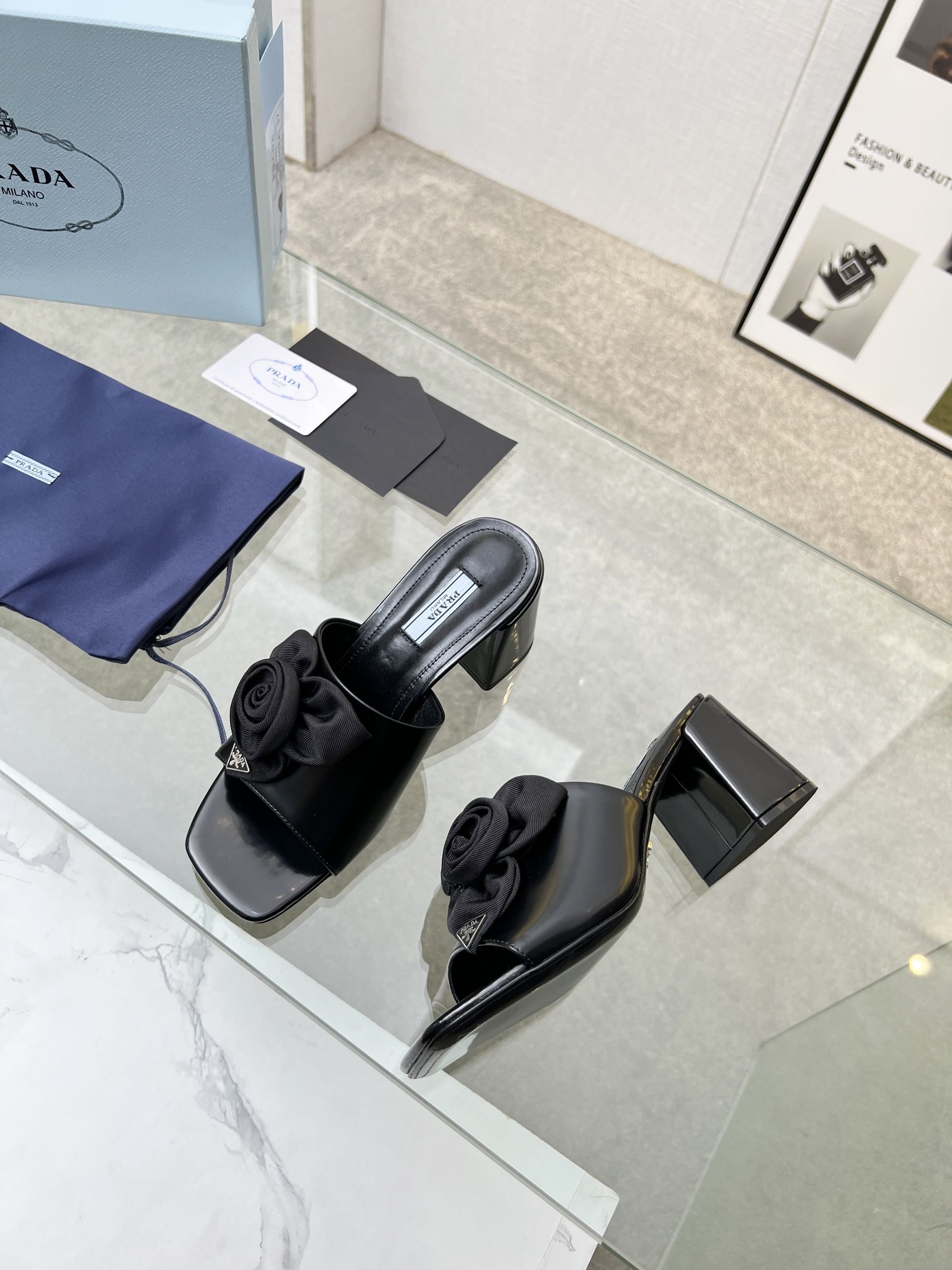 PRA FLOWER BLOCK HEELS 75 BLACK CALFSKIN