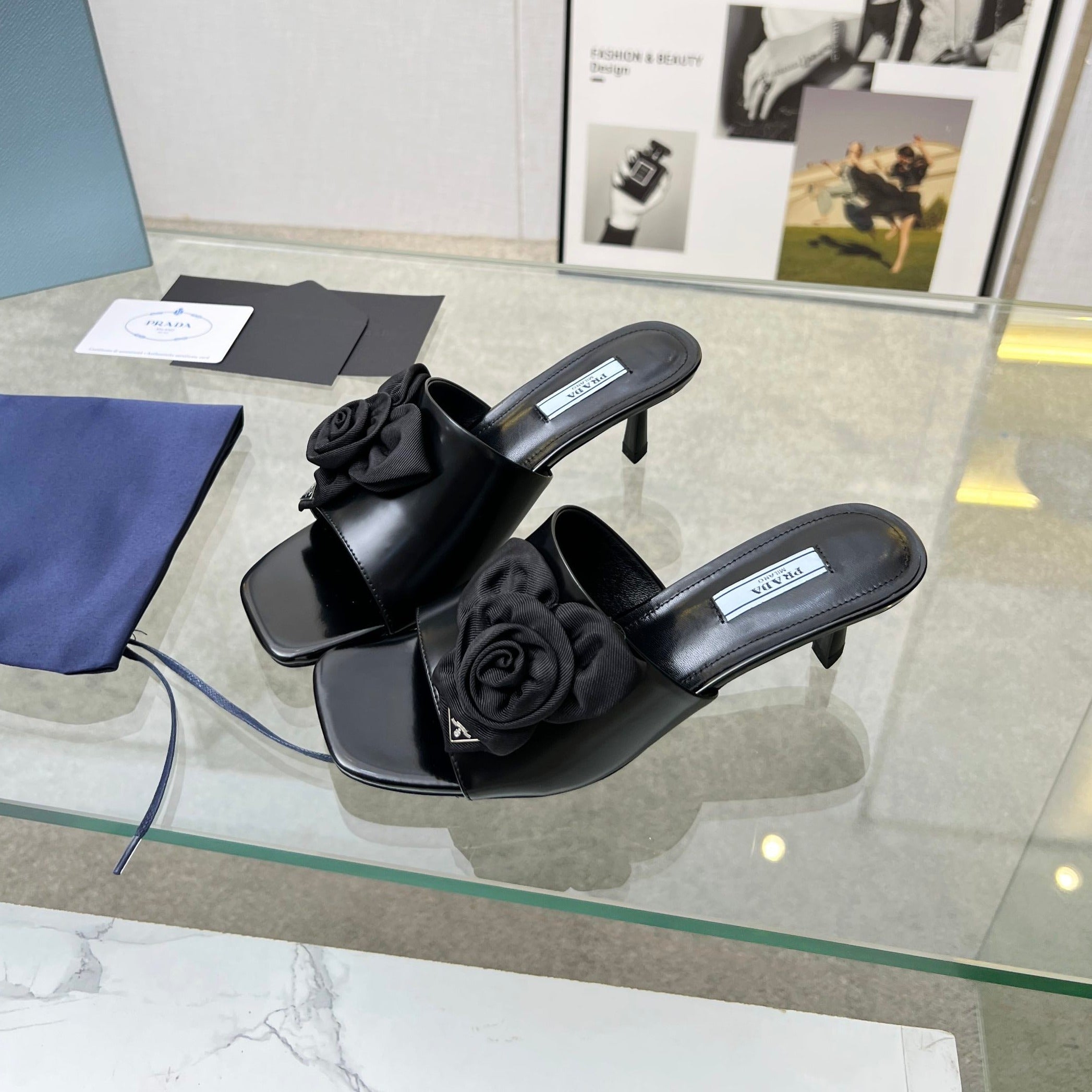 PRA FLOWER POINTED HEELS 55 BLACK CALFSKIN