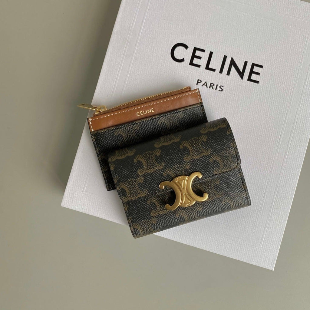 TRIOMPHE 9 WALLET TWO-IN-ONE OLD FLOWER BROWN CALFSKIN