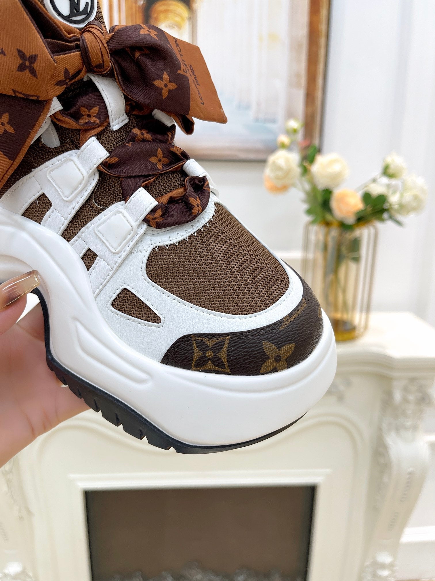 LV ARCHLIGHT 2.0 PLATFORM SNEAKER IN WHITE MIX CHOCOLATE BROWN MIX OF MATERIALS
