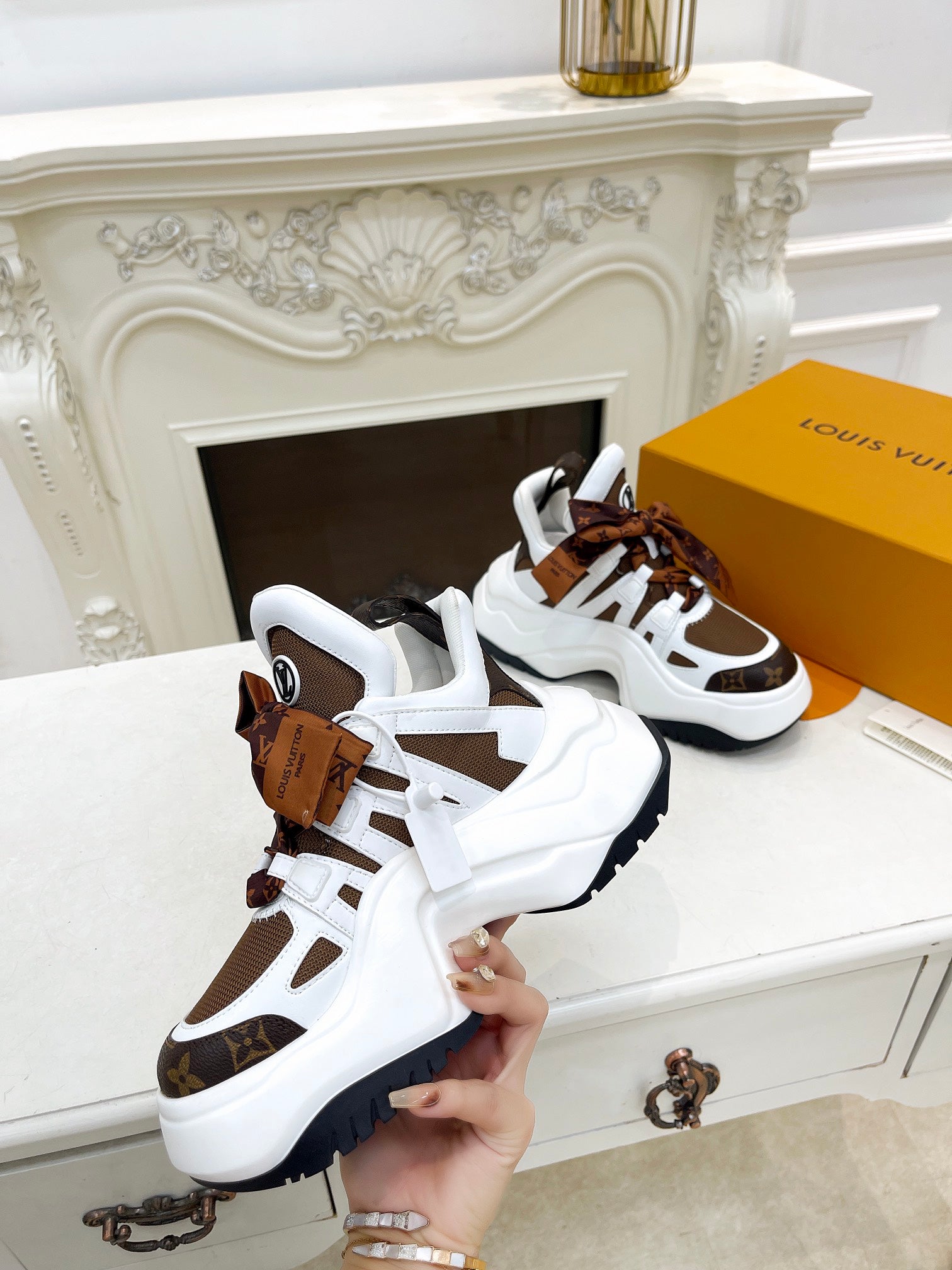 LV ARCHLIGHT 2.0 PLATFORM SNEAKER IN WHITE MIX CHOCOLATE BROWN MIX OF MATERIALS