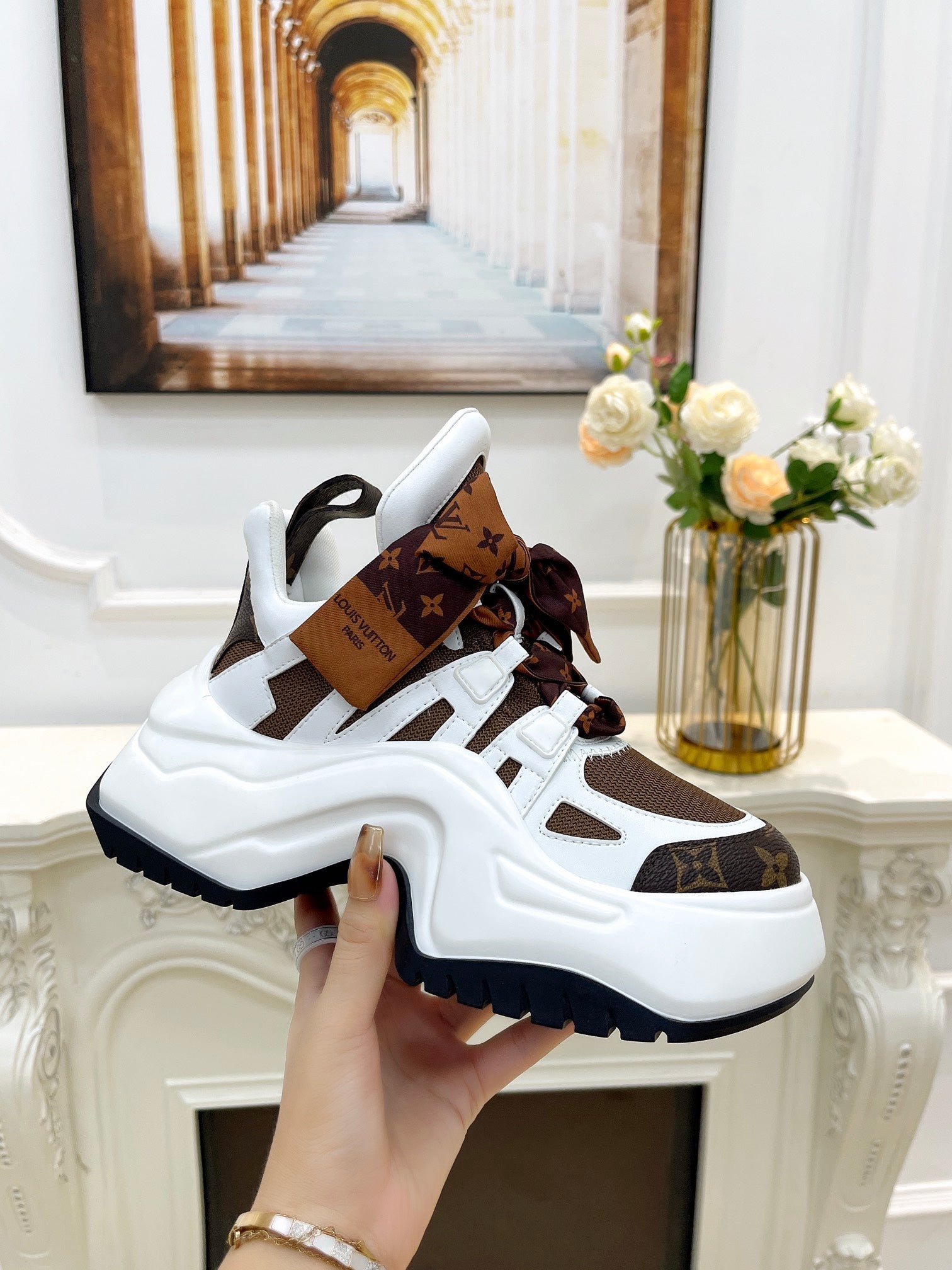 LV ARCHLIGHT 2.0 PLATFORM SNEAKER IN WHITE MIX CHOCOLATE BROWN MIX OF MATERIALS