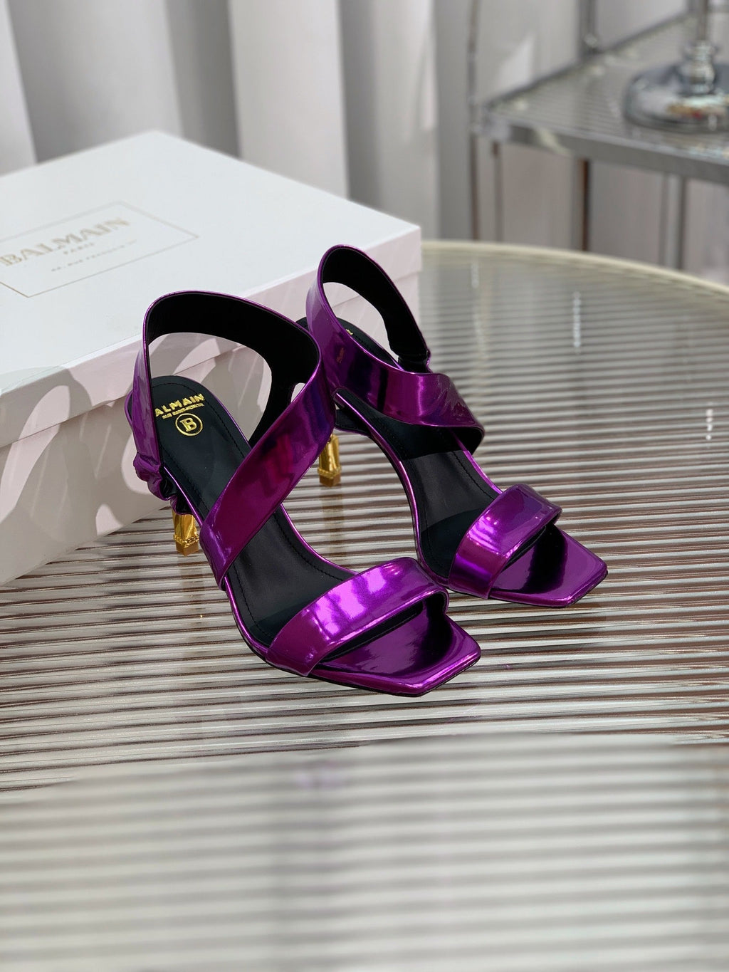BALMAIN 25S HIGH HEEL SANDALS 95MM IN ROYAL PURPLE GLOSSY CALFSKIN