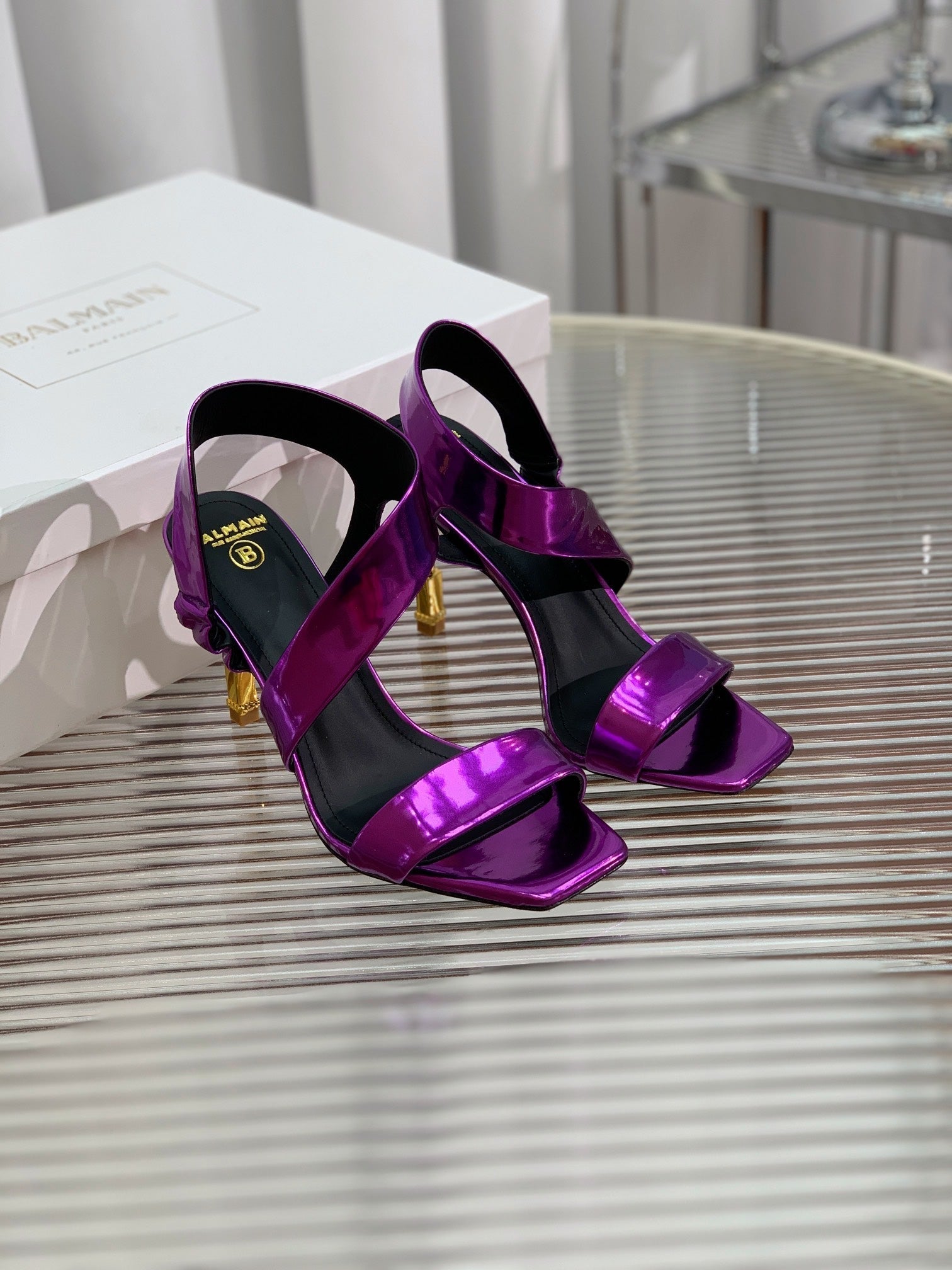 BALMAIN 25S HIGH HEEL SANDALS 95MM IN ROYAL PURPLE GLOSSY CALFSKIN
