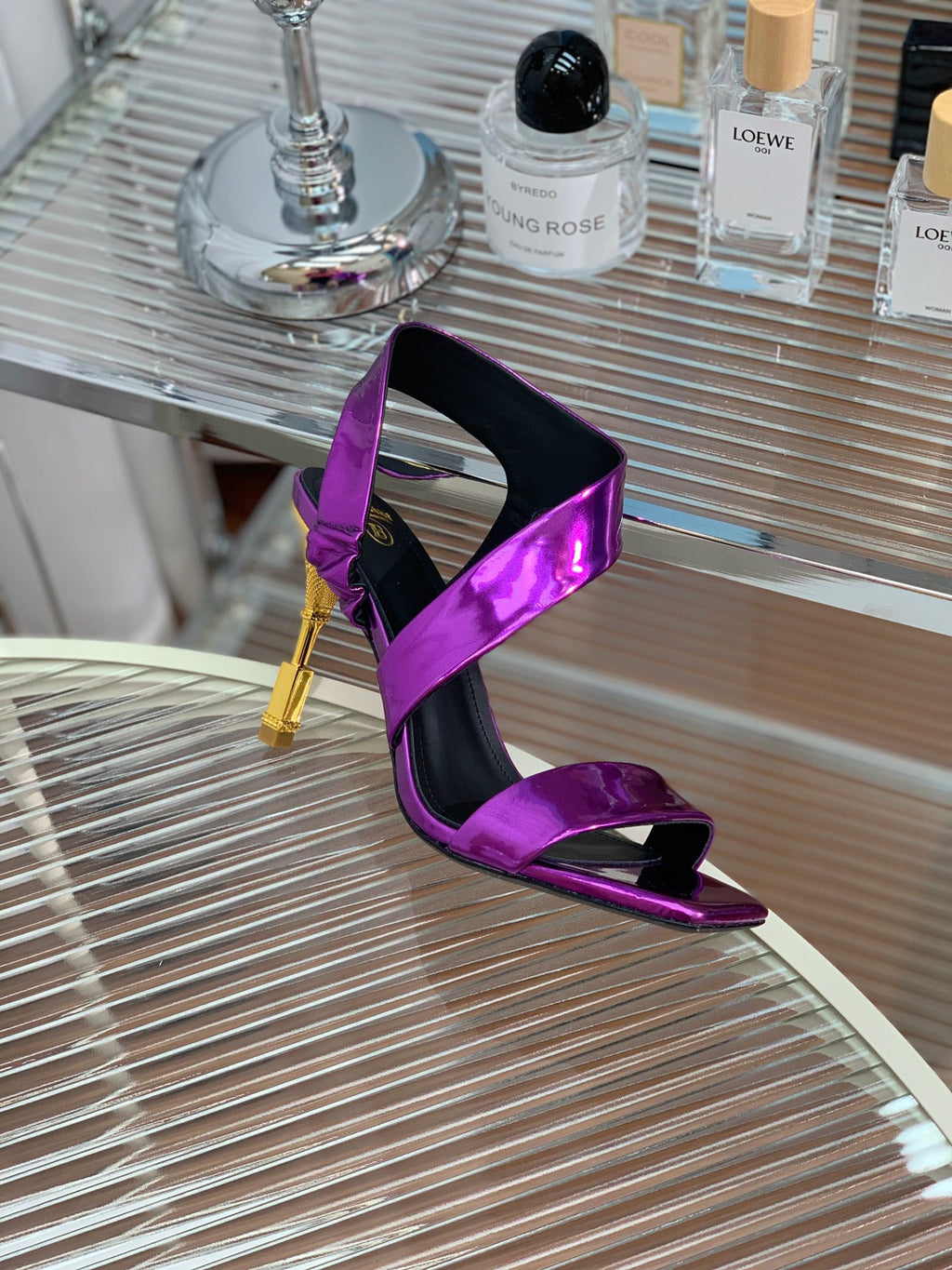 BALMAIN 25S HIGH HEEL SANDALS 95MM IN ROYAL PURPLE GLOSSY CALFSKIN