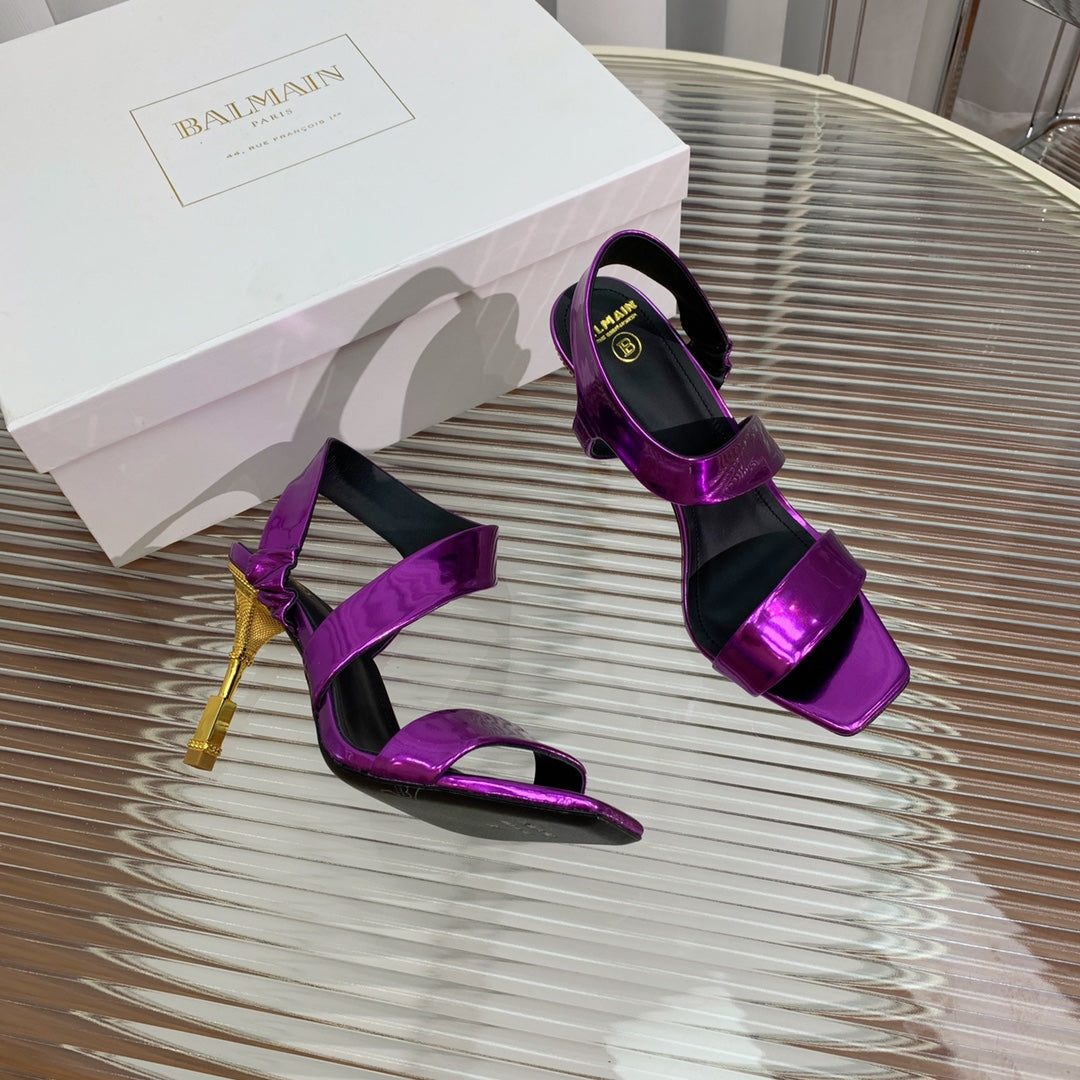 BALMAIN 25S HIGH HEEL SANDALS 95MM IN ROYAL PURPLE GLOSSY CALFSKIN