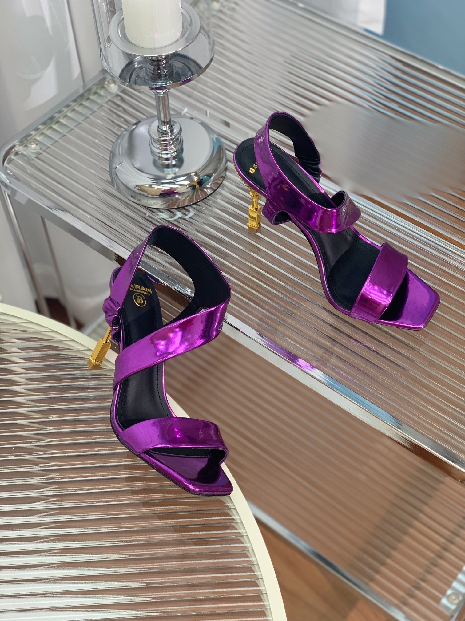 BALMAIN 25S HIGH HEEL SANDALS 95MM IN ROYAL PURPLE GLOSSY CALFSKIN