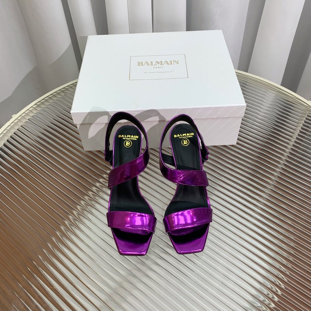 BALMAIN 25S HIGH HEEL SANDALS 95MM IN ROYAL PURPLE GLOSSY CALFSKIN