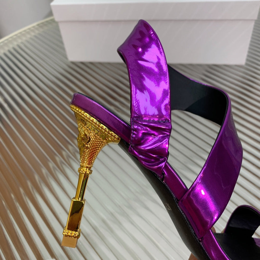 BALMAIN 25S HIGH HEEL SANDALS 95MM IN ROYAL PURPLE GLOSSY CALFSKIN