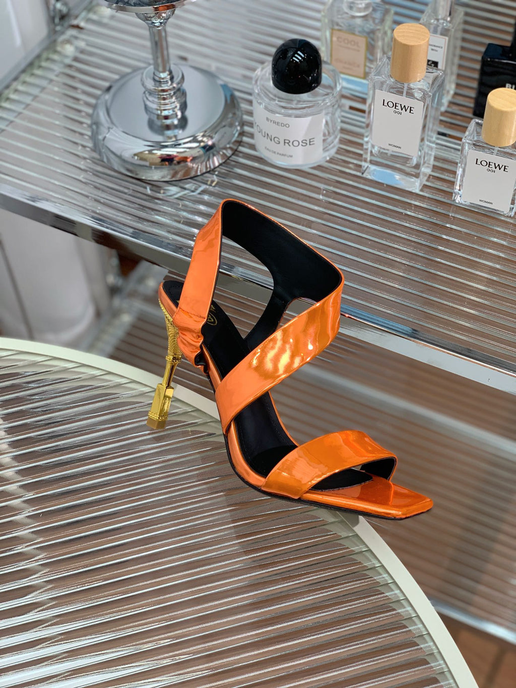 BALMAIN 25S HIGH HEEL SANDALS 95MM IN BURNT ORANGE GLOSSY CALFSKIN