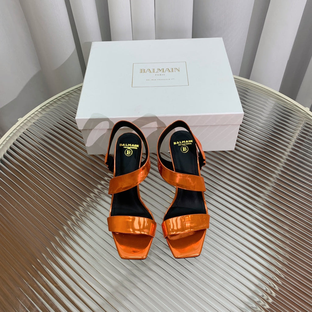 BALMAIN 25S HIGH HEEL SANDALS 95MM IN BURNT ORANGE GLOSSY CALFSKIN