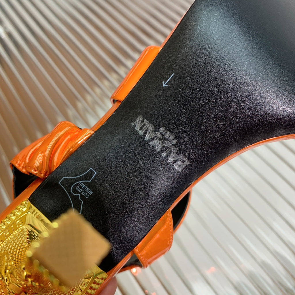 BALMAIN 25S HIGH HEEL SANDALS 95MM IN BURNT ORANGE GLOSSY CALFSKIN