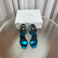 BALMAIN 25S HIGH HEEL SANDALS 95MM IN PETROL BLUE GLOSSY CALFSKIN