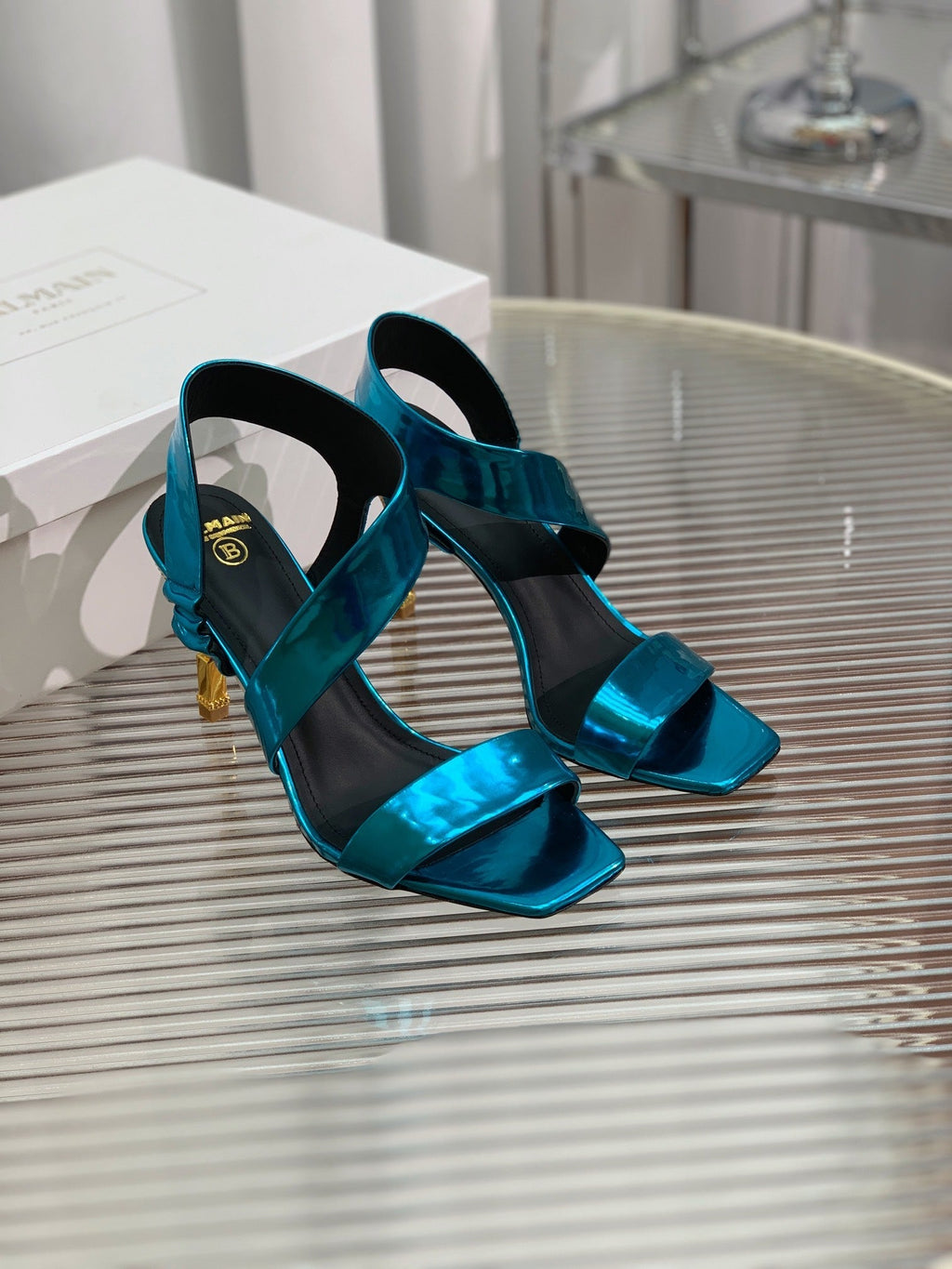 BALMAIN 25S HIGH HEEL SANDALS 95MM IN PETROL BLUE GLOSSY CALFSKIN