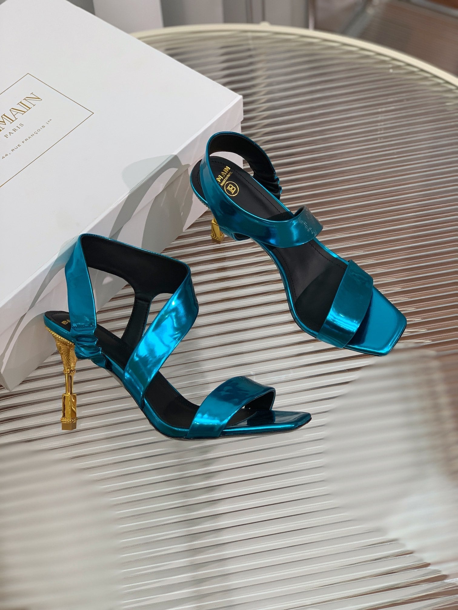 BALMAIN 25S HIGH HEEL SANDALS 95MM IN PETROL BLUE GLOSSY CALFSKIN