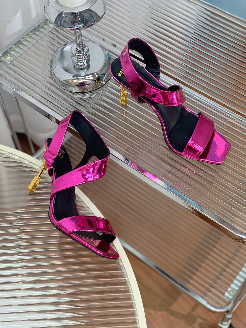 BALMAIN 25S HIGH HEEL SANDALS 95MM IN MAGENTA GLOSSY CALFSKIN