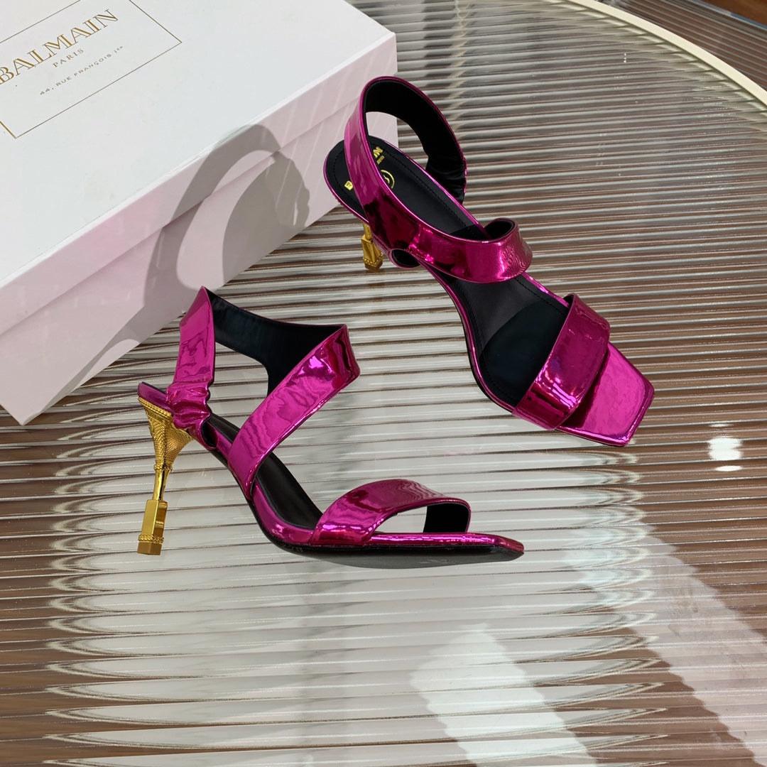 BALMAIN 25S HIGH HEEL SANDALS 95MM IN MAGENTA GLOSSY CALFSKIN