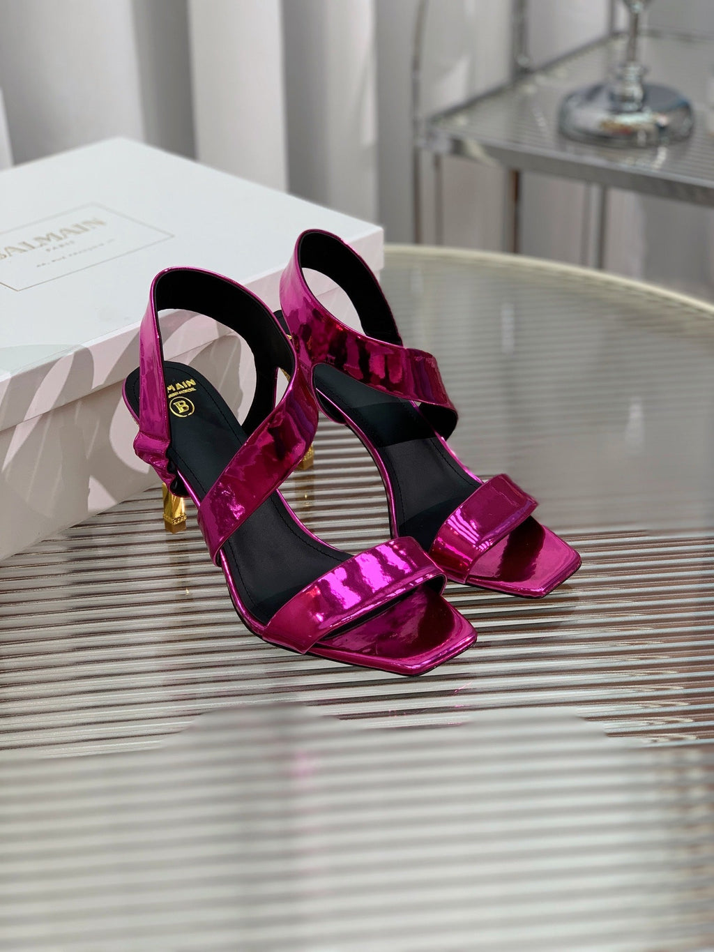 BALMAIN 25S HIGH HEEL SANDALS 95MM IN MAGENTA GLOSSY CALFSKIN