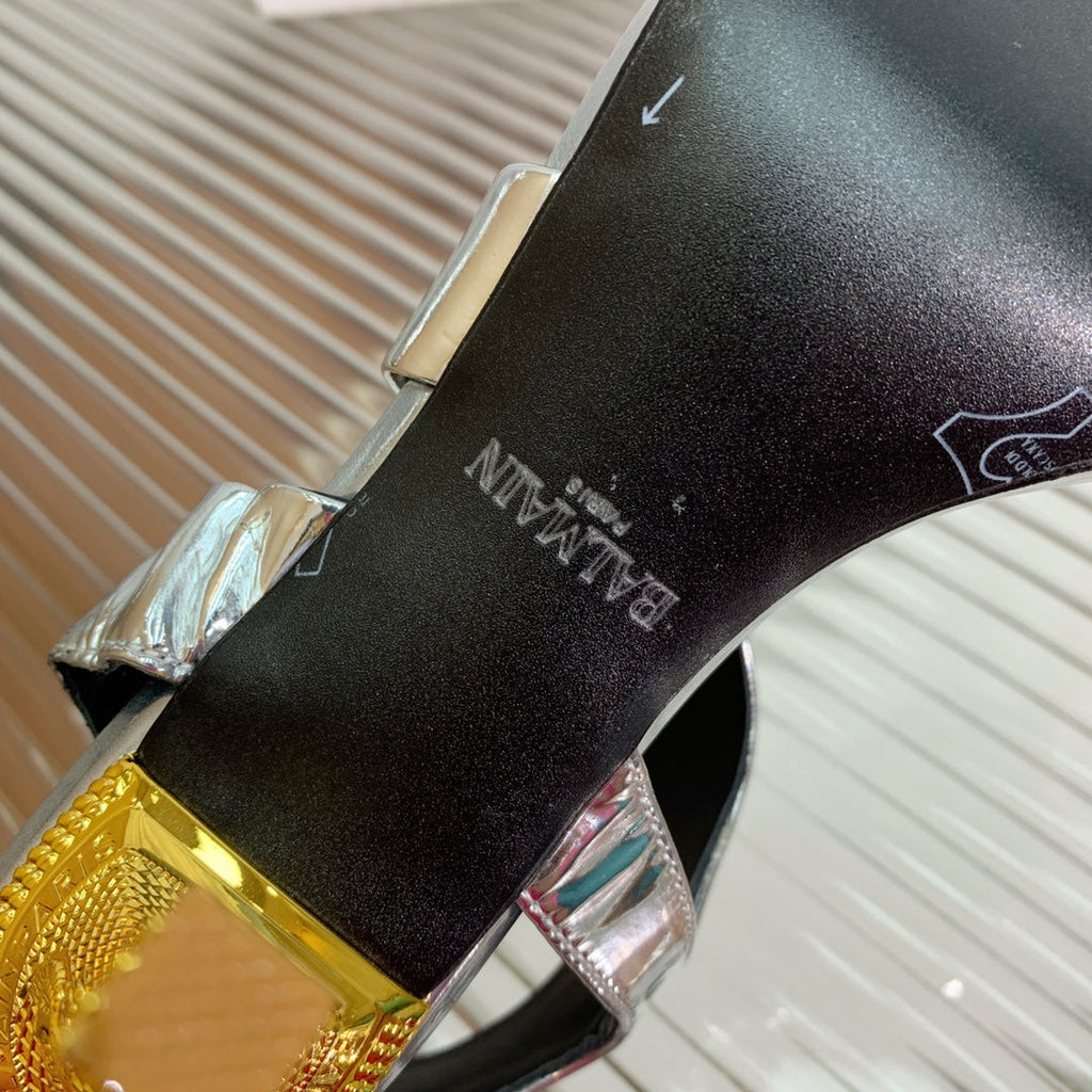 BALMAIN 25S HIGH HEEL SANDALS 95MM IN SILVER GLOSSY CALFSKIN