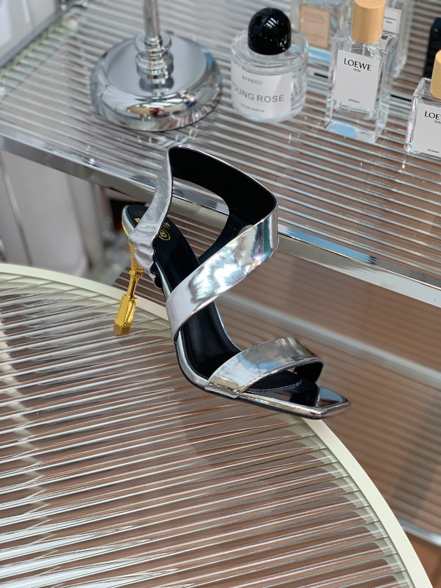 BALMAIN 25S HIGH HEEL SANDALS 95MM IN SILVER GLOSSY CALFSKIN