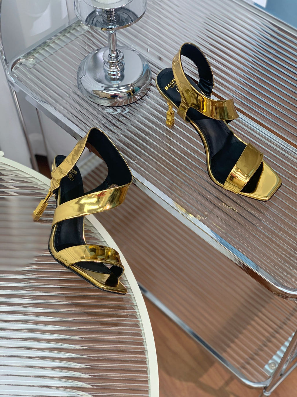 BALMAIN 25S HIGH HEEL SANDALS 95MM IN GOLD GLOSSY CALFSKIN
