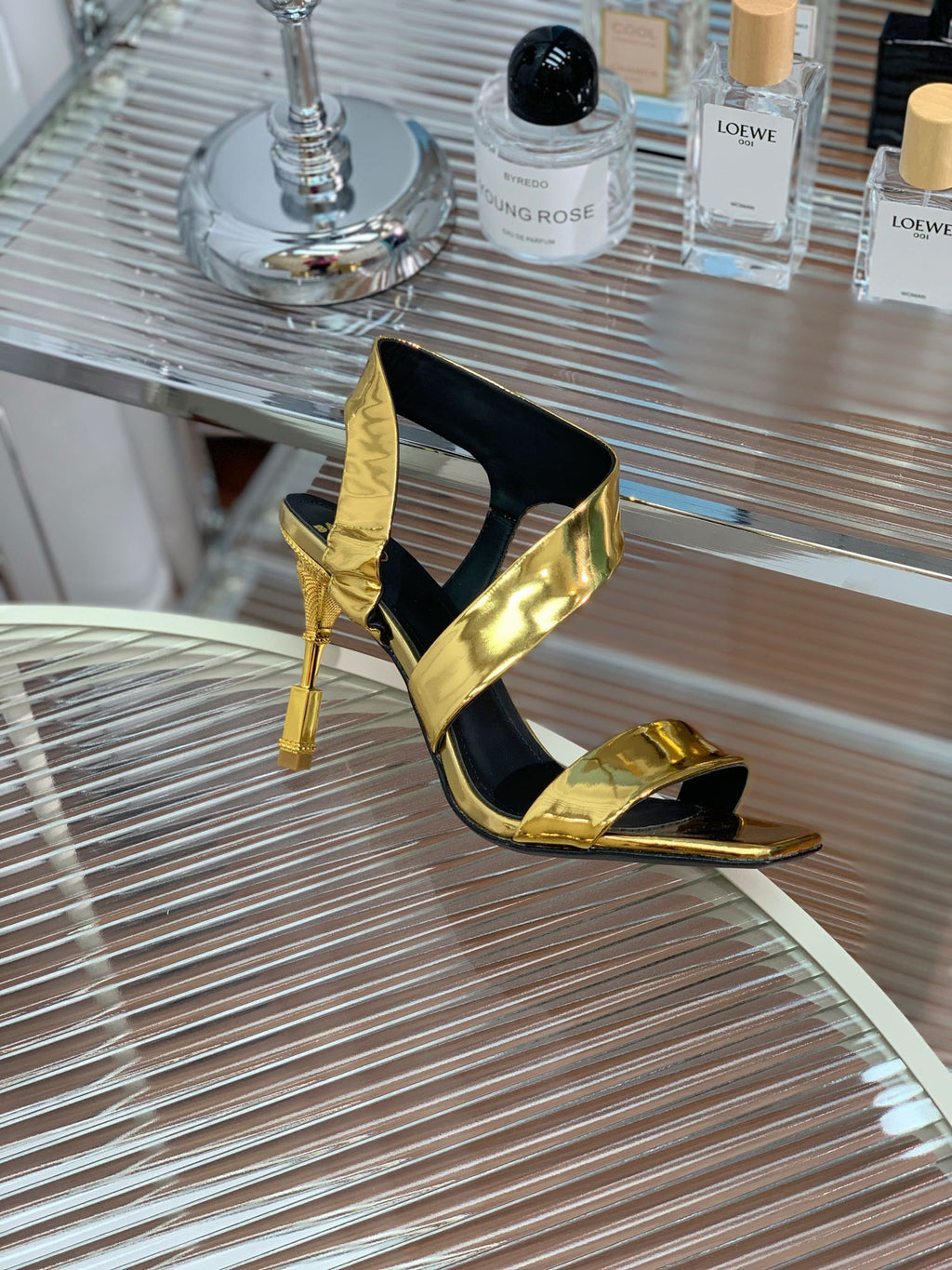 BALMAIN 25S HIGH HEEL SANDALS 95MM IN GOLD GLOSSY CALFSKIN
