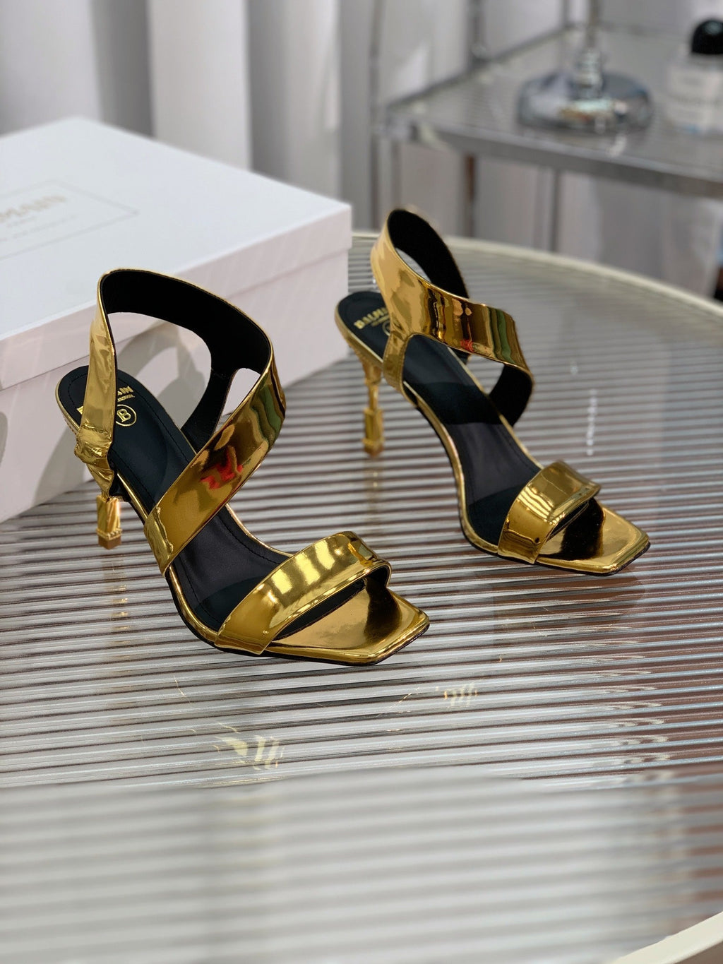 BALMAIN 25S HIGH HEEL SANDALS 95MM IN GOLD GLOSSY CALFSKIN