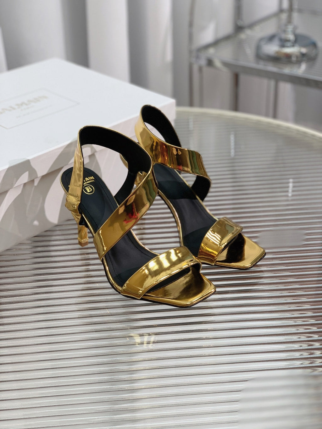 BALMAIN 25S HIGH HEEL SANDALS 95MM IN GOLD GLOSSY CALFSKIN